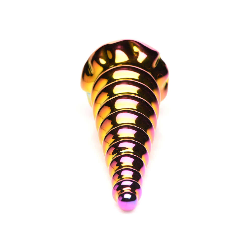 Iridescent rainbow glass dildo shaped like a unicorn horn.