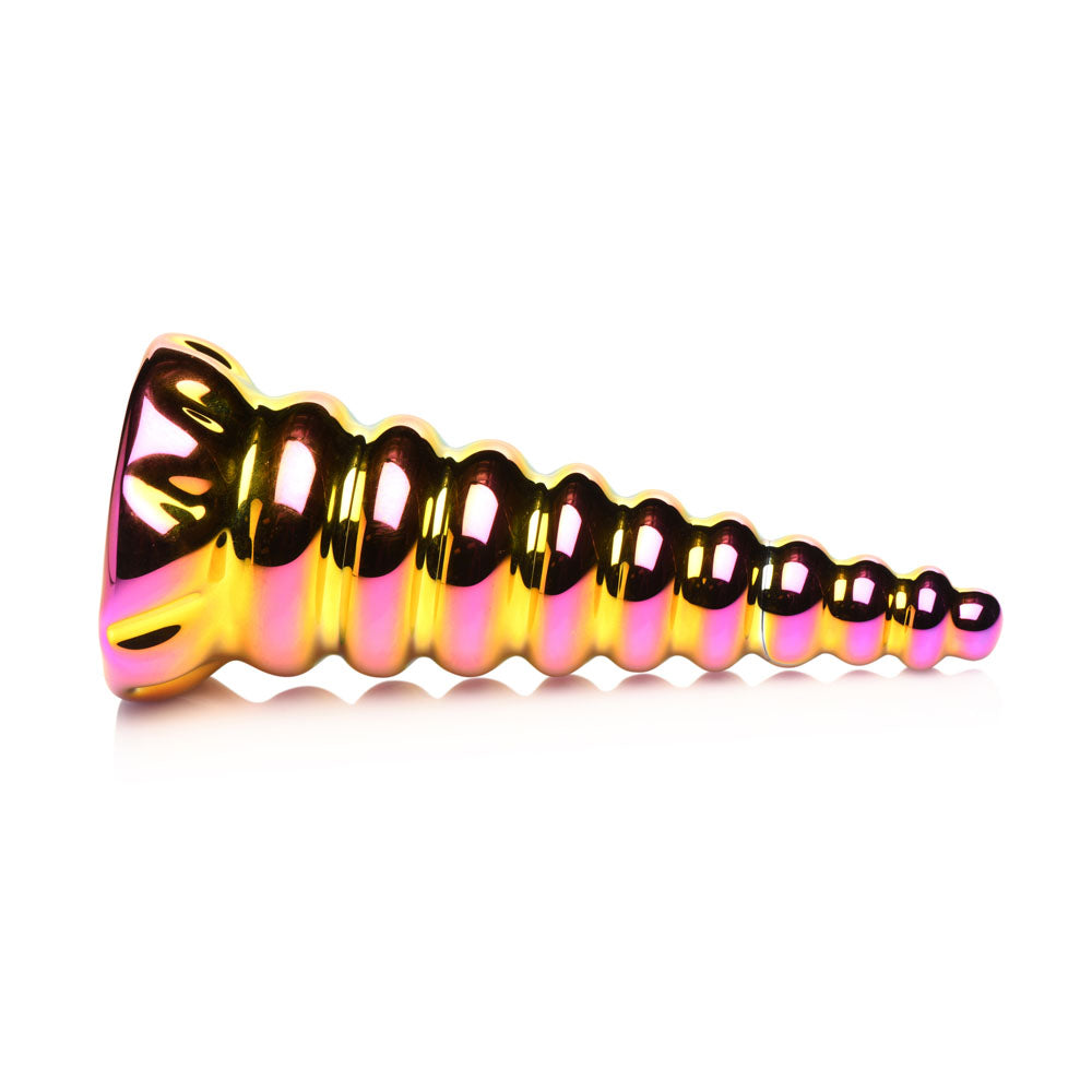 Iridescent rainbow glass dildo shaped like a unicorn horn.