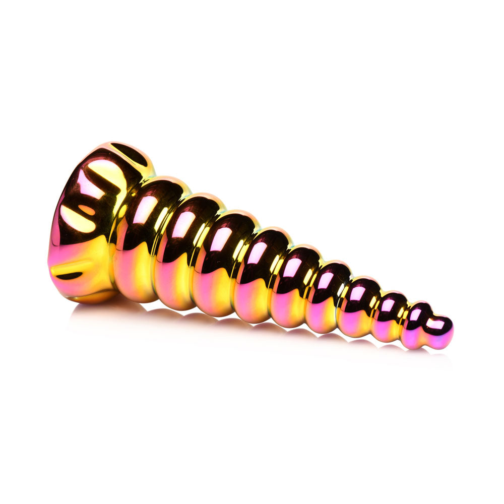 Iridescent rainbow glass dildo shaped like a tapered unicorn horn with graduated bumps.