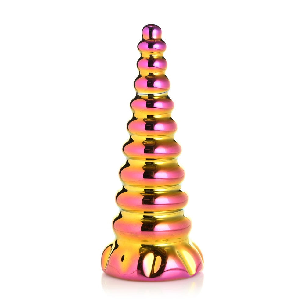 Iridescent rainbow glass dildo shaped like a unicorn horn.