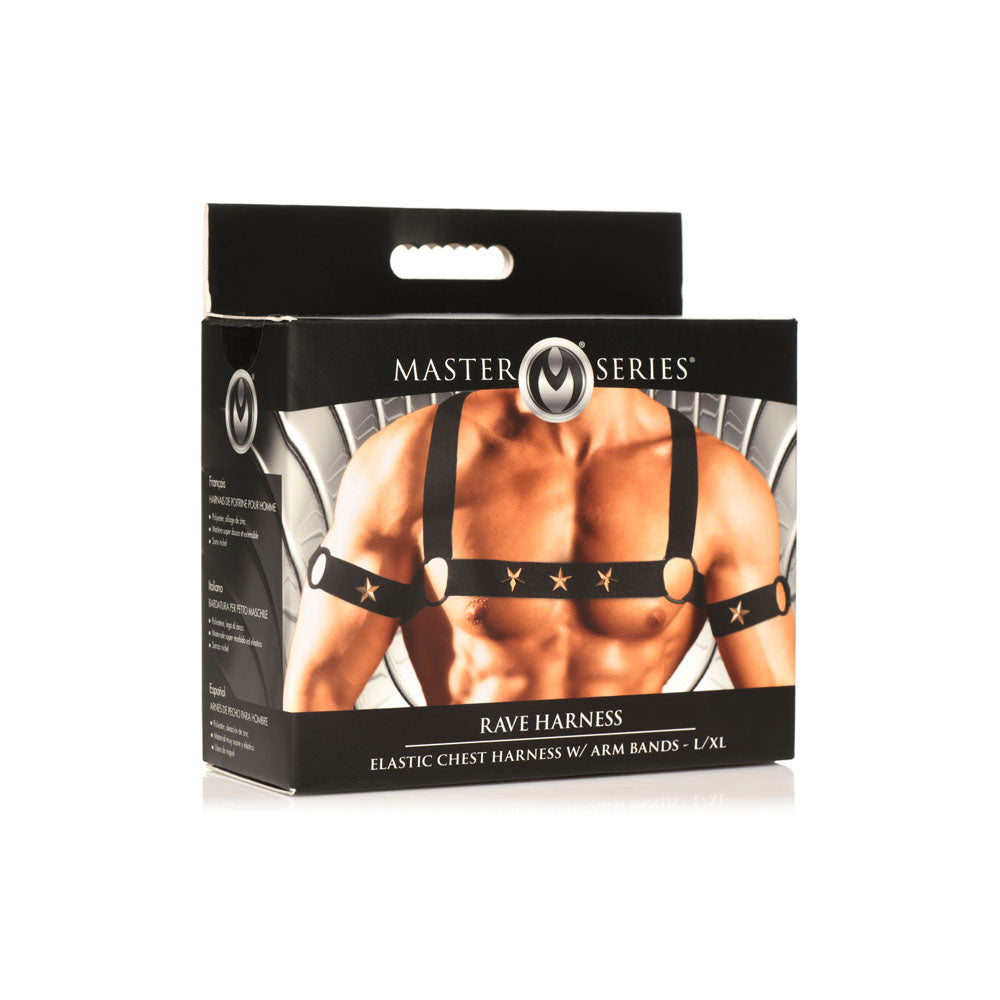Black chest harness and arm bands set with stars.