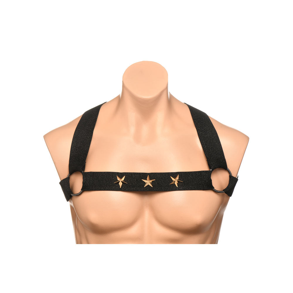 Black stretchy chest harness with three gold stars and arm bands.