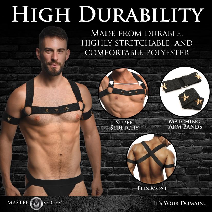 Black stretchy chest harness with arm bands featuring star accents.