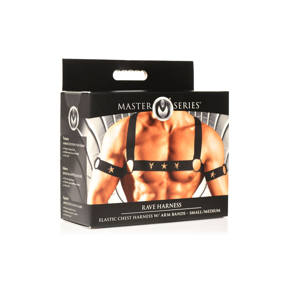 Black elastic chest harness with arm bands featuring star accents.