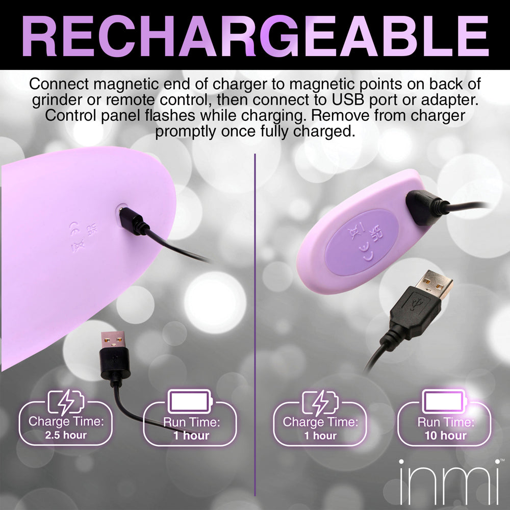Two purple rechargeable vibrators are shown with charging cables and usage information.