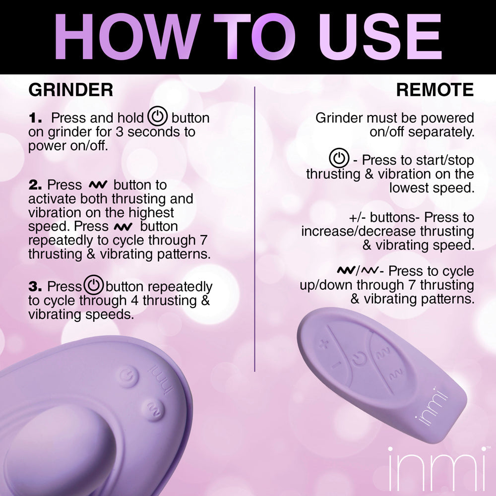 A purple silicone grinding pad and remote control with instructions.