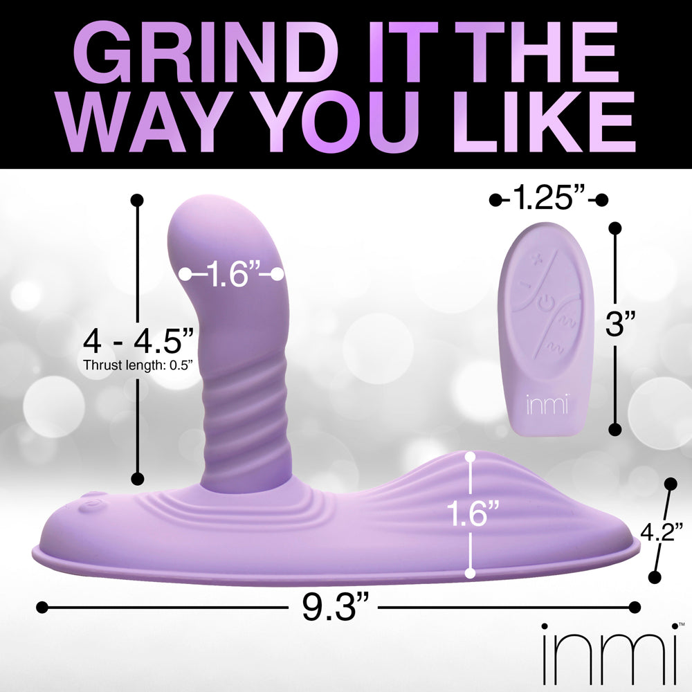 A purple silicone grinding pad with a ribbed stimulator and a remote, with dimensions labeled.