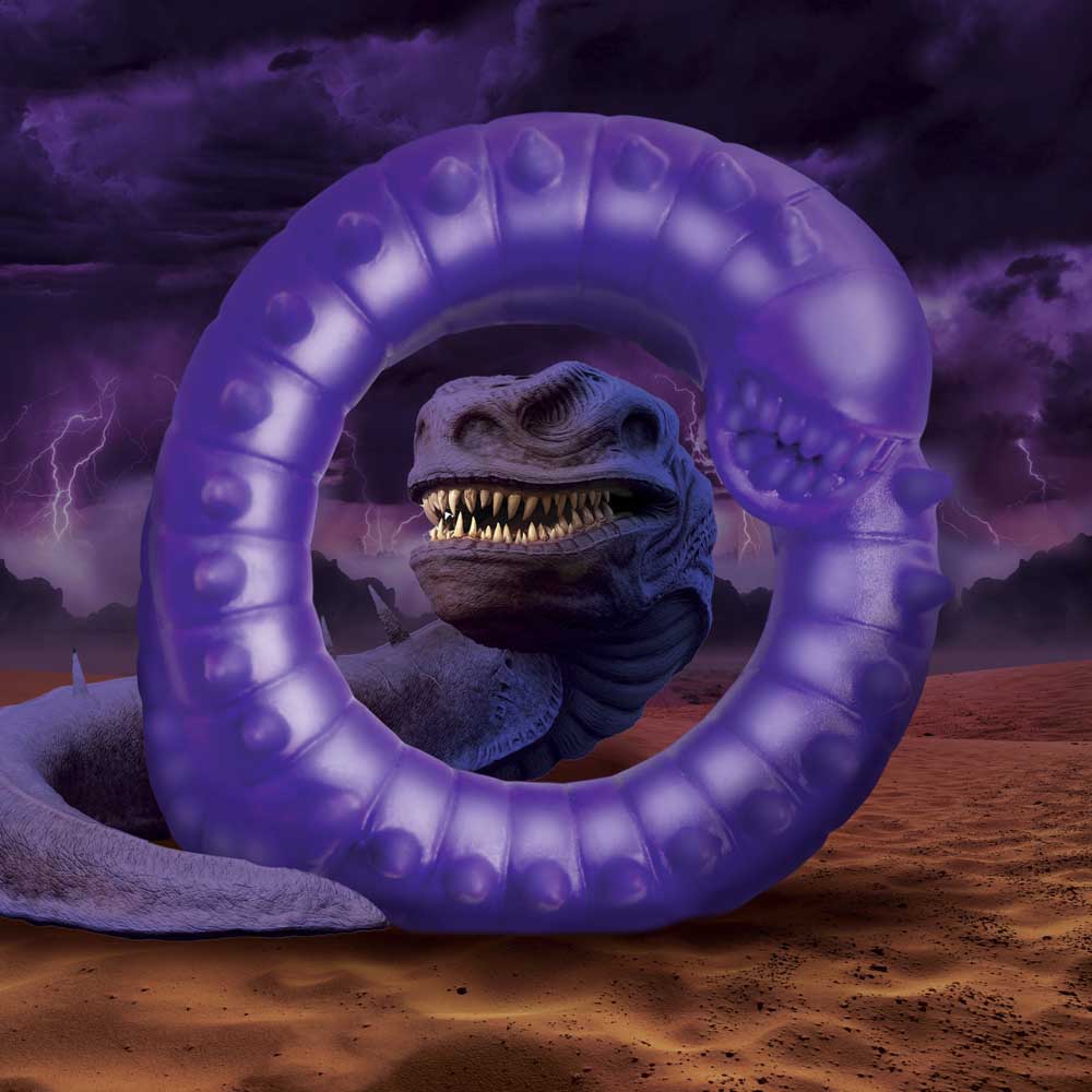 A purple, toothy worm-shaped silicone cock ring with raised bumps.