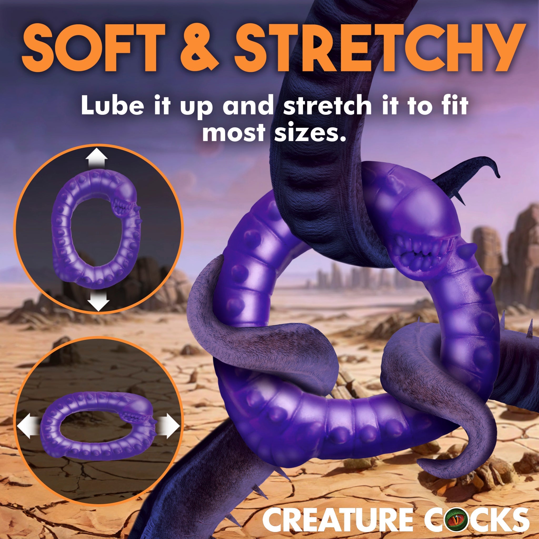 A purple silicone cock ring with a creature design, shown stretched and unstretched.