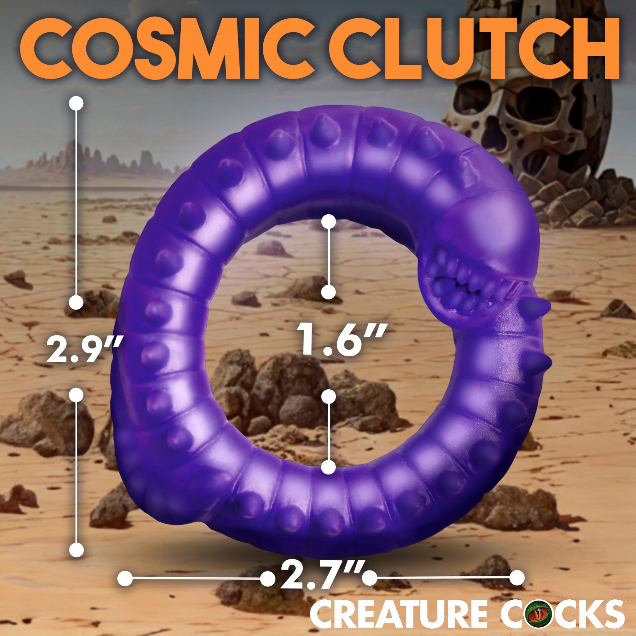 Purple silicone cock ring with a creature design and textured bumps.