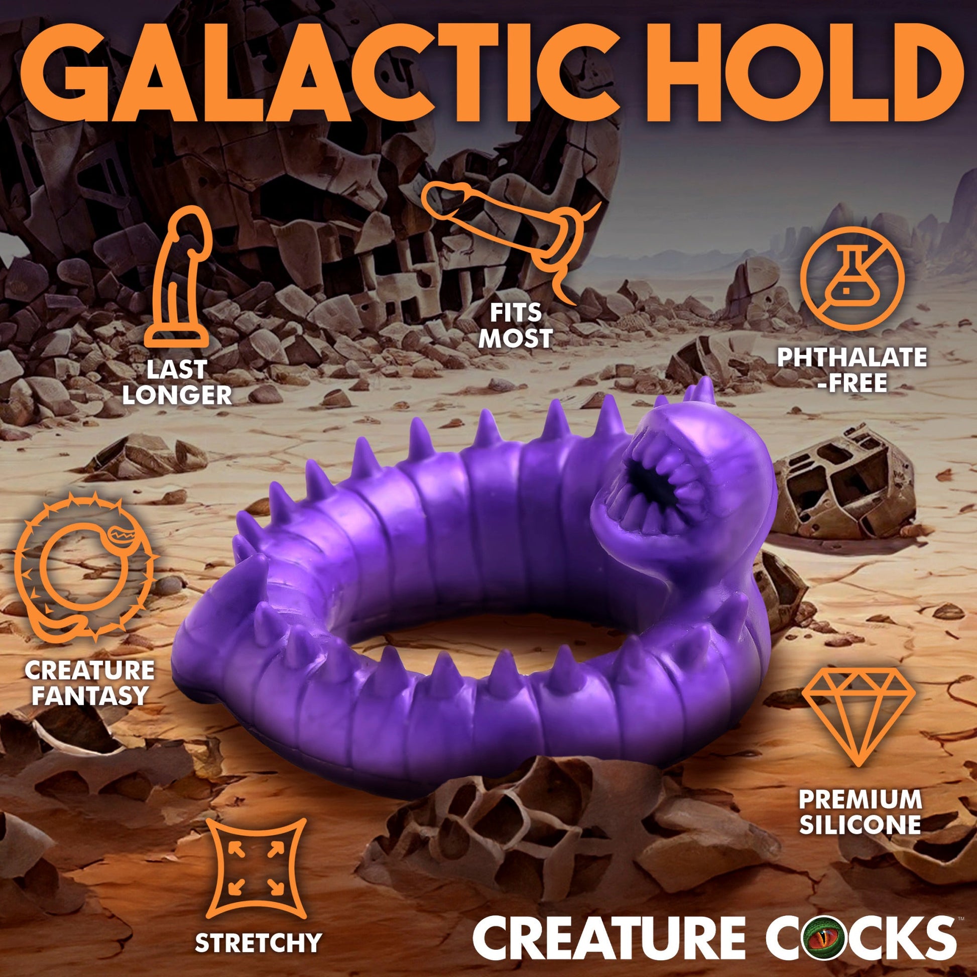 A purple, spiky silicone cock ring with a creature design.