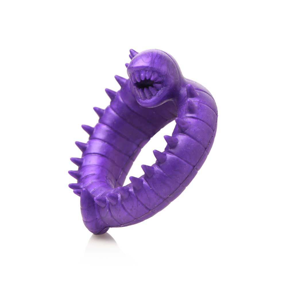 Purple silicone cock ring shaped like a segmented worm with spikes and a mouth.