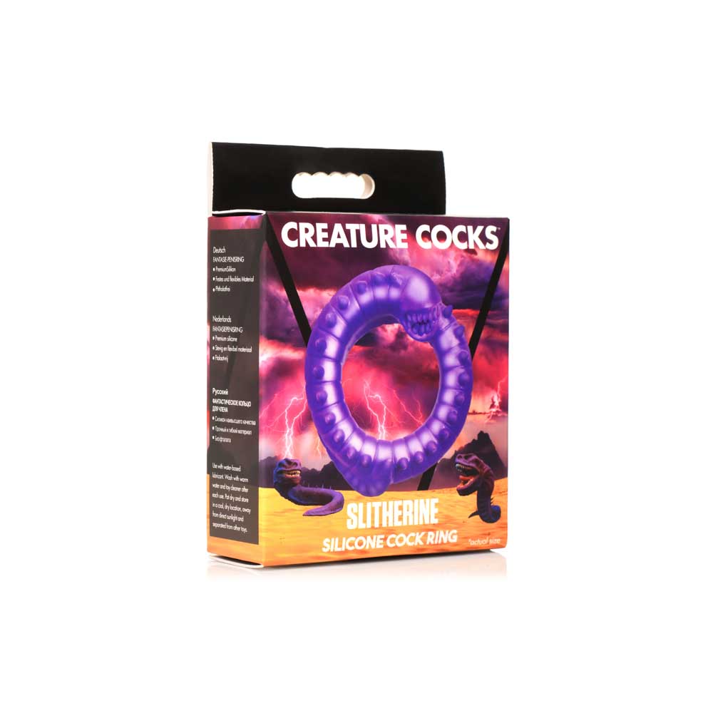 Purple Slitherine silicone cock ring with a creature design.