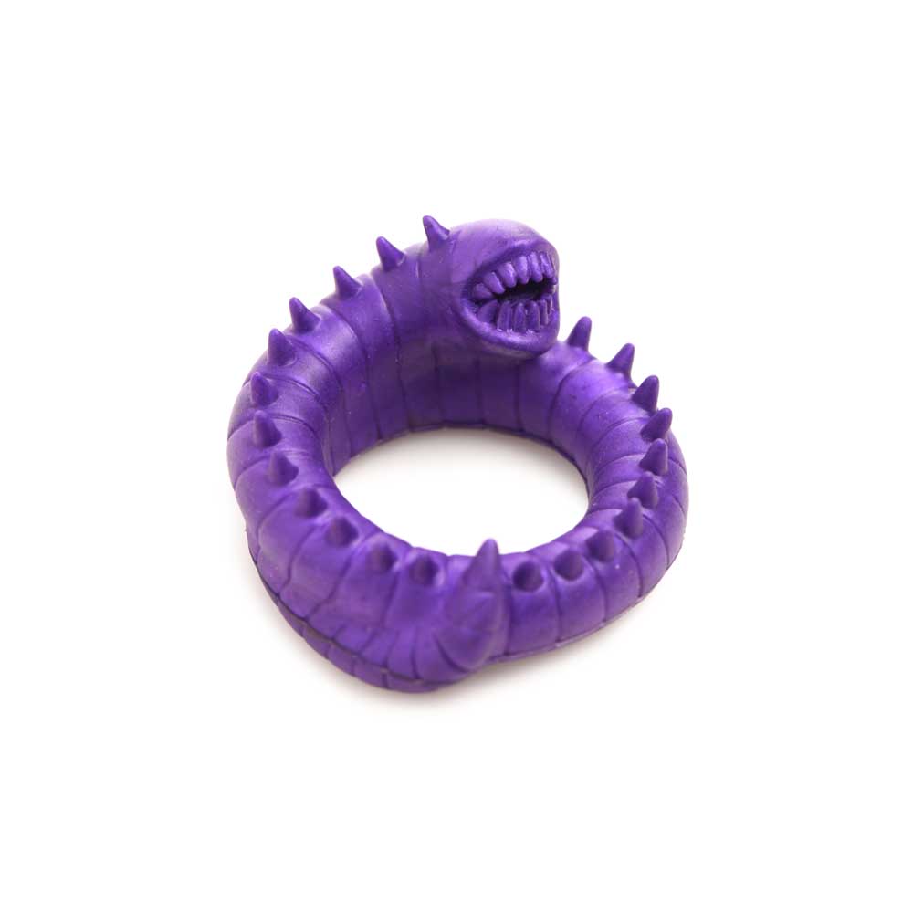 Purple silicone cock ring shaped like a spiky worm with teeth.