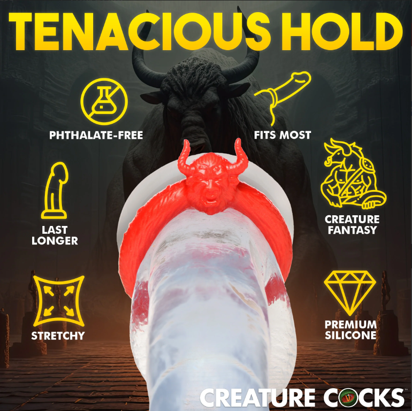Red bull fantasy silicone cock ring with creature design.