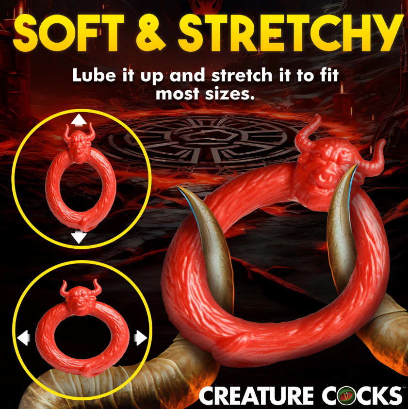 Red bull fantasy silicone cock ring with horns and textured surface.