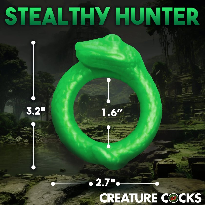 A green serpentine silicone cock ring with dimensions indicated.