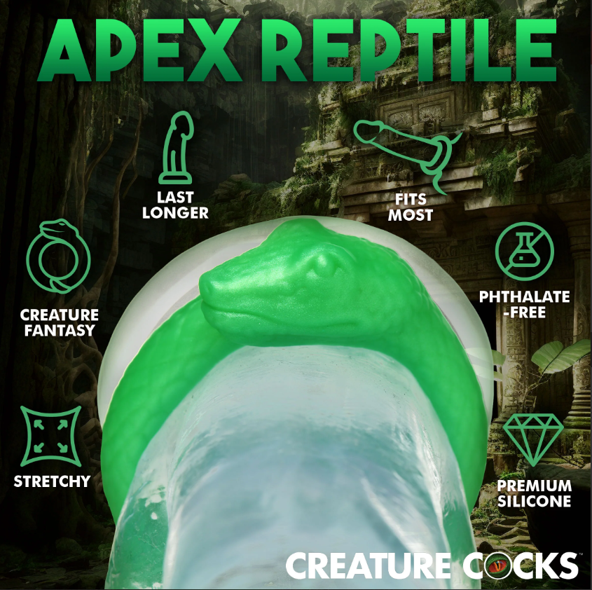 Green serpentine silicone cock ring with fantasy design.