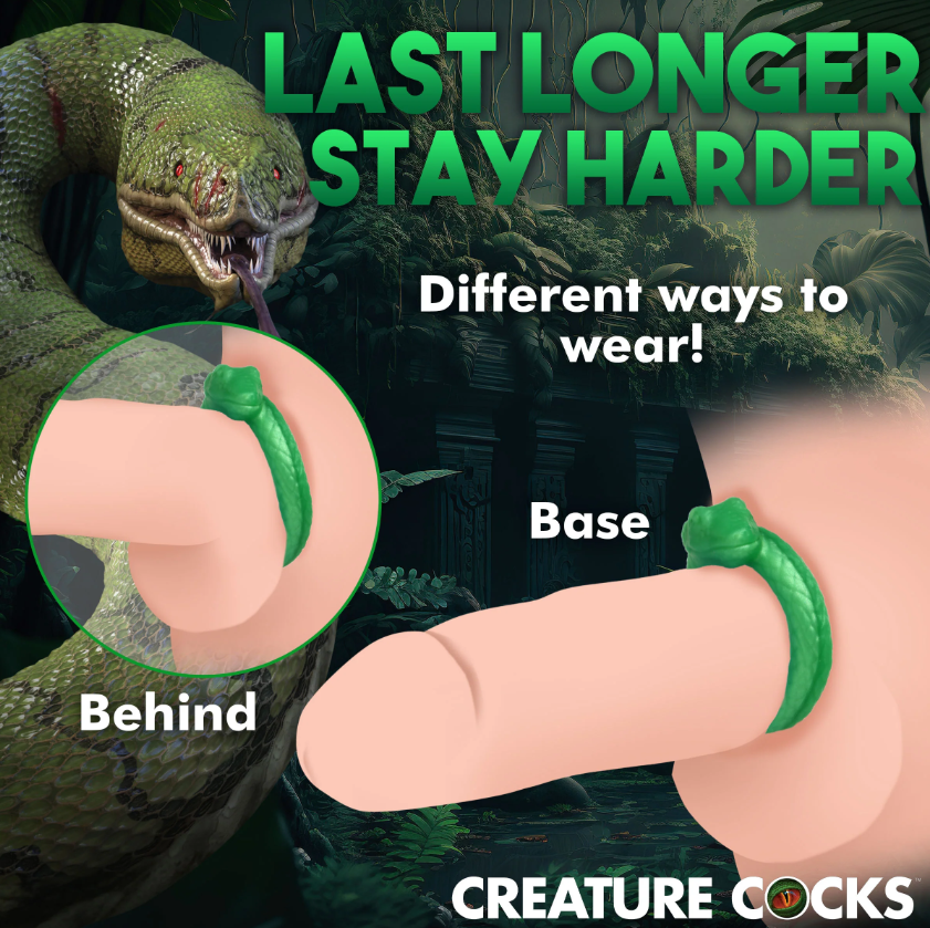 Green serpentine silicone cock ring shown on a penis and finger.