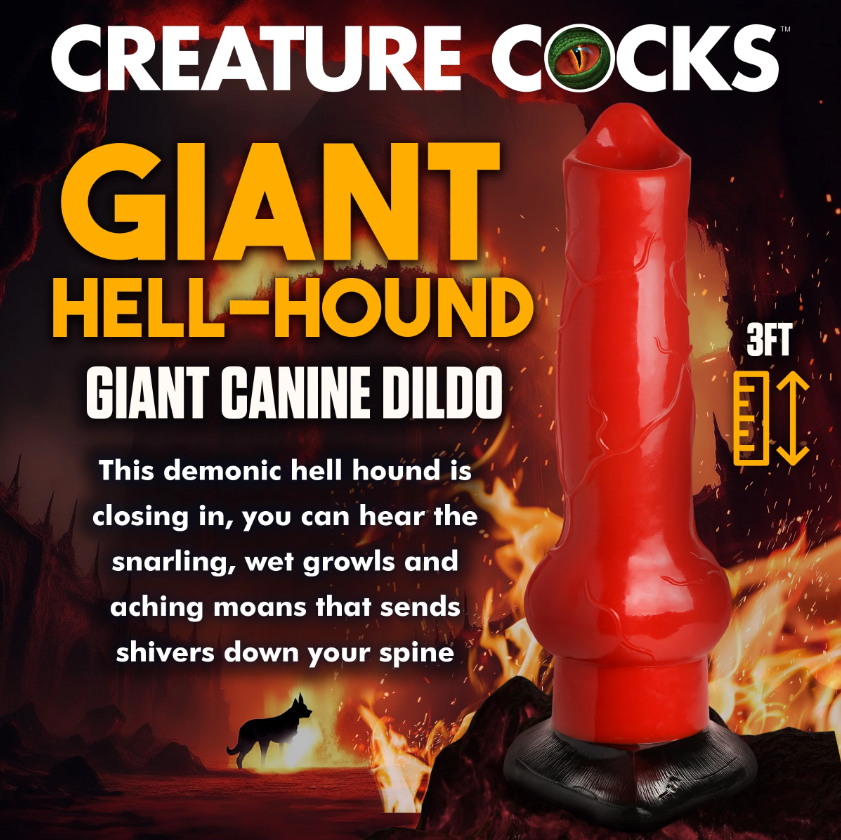 A large red canine dildo with a suction cup base and a hell-hound design.