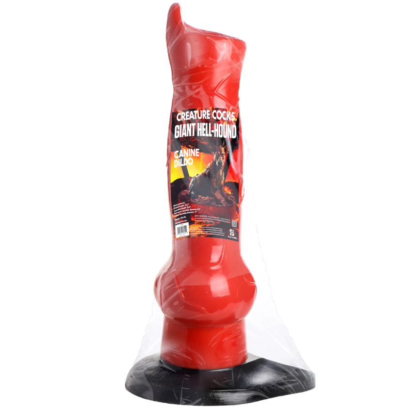 A large red canine dildo with a black suction cup base.