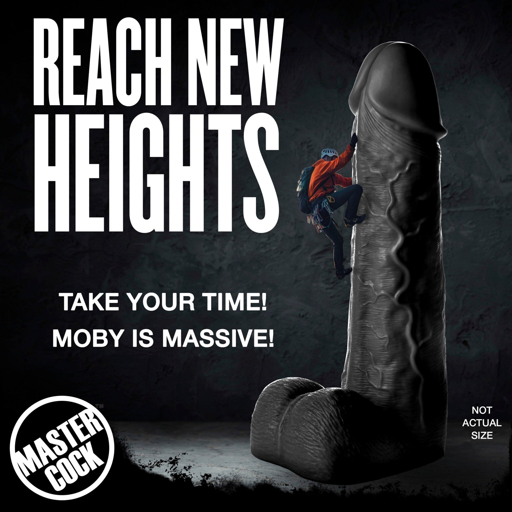 A 2-foot tall black realistic PVC dildo with a climber ascending it.