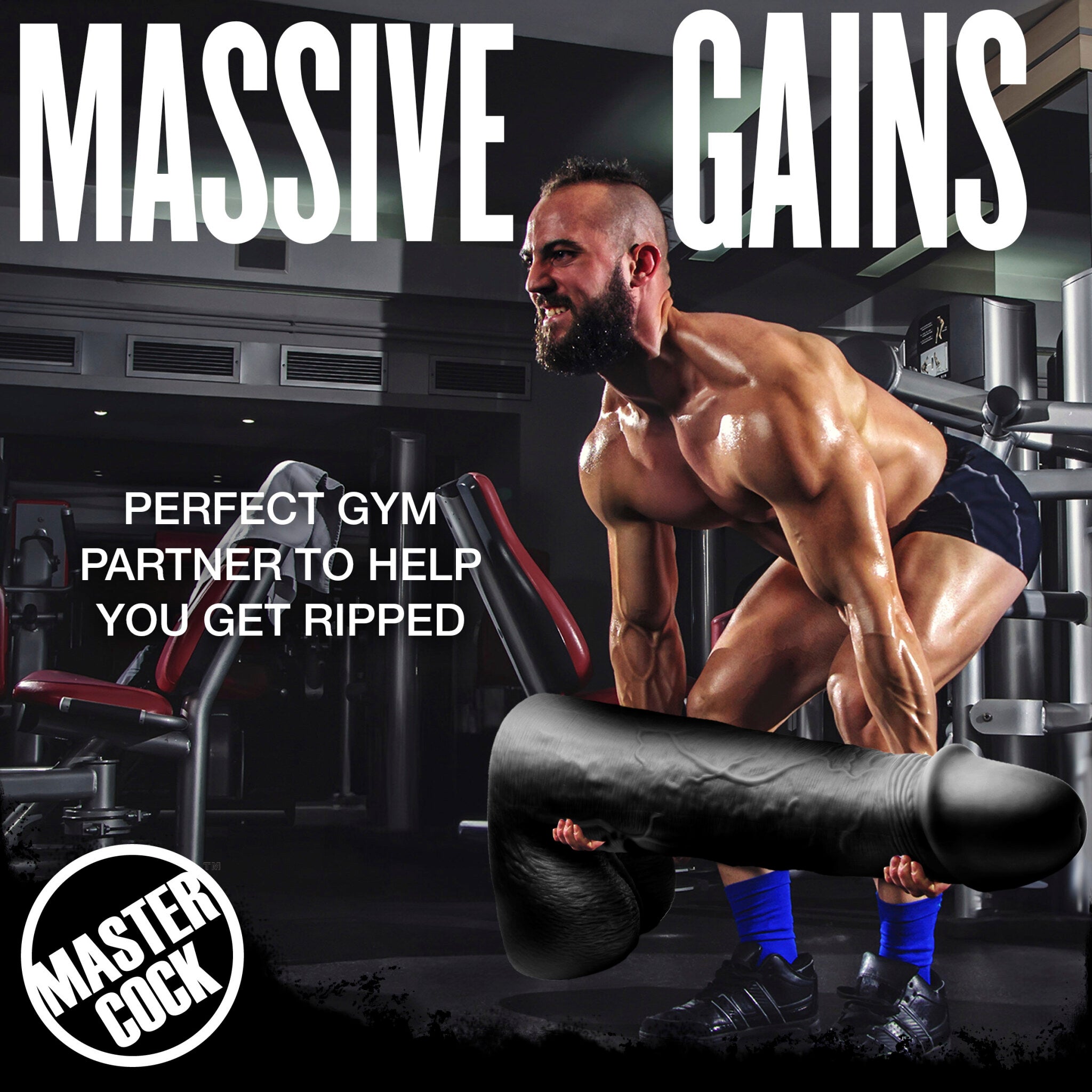 A giant black realistic PVC dildo, 2 feet tall.