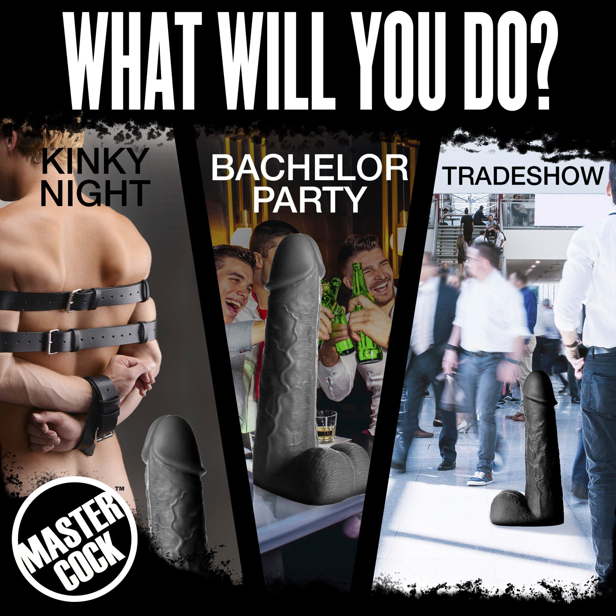 A giant black realistic PVC dildo, 2 feet tall.