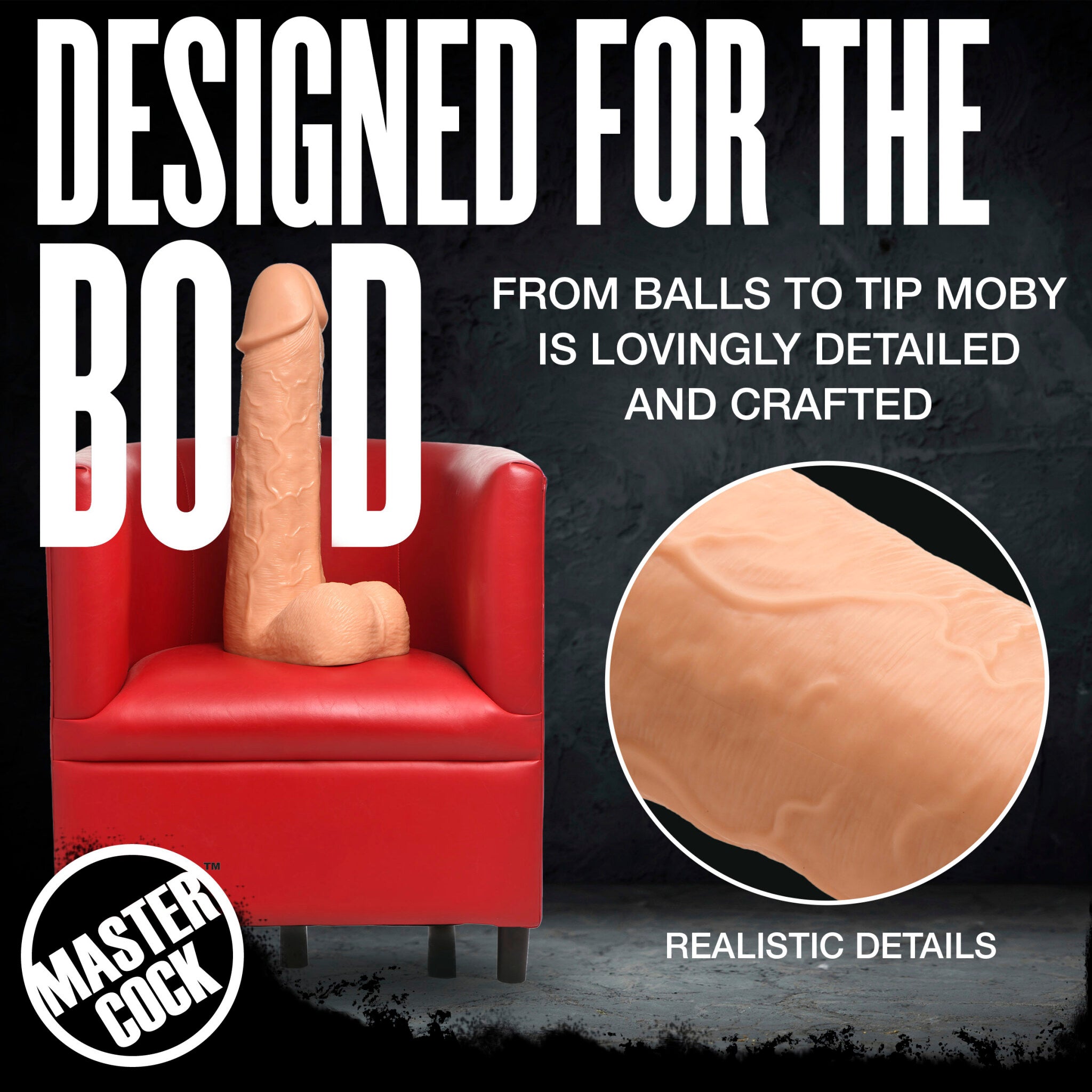 A large, light-colored realistic dildo sits on a red chair.