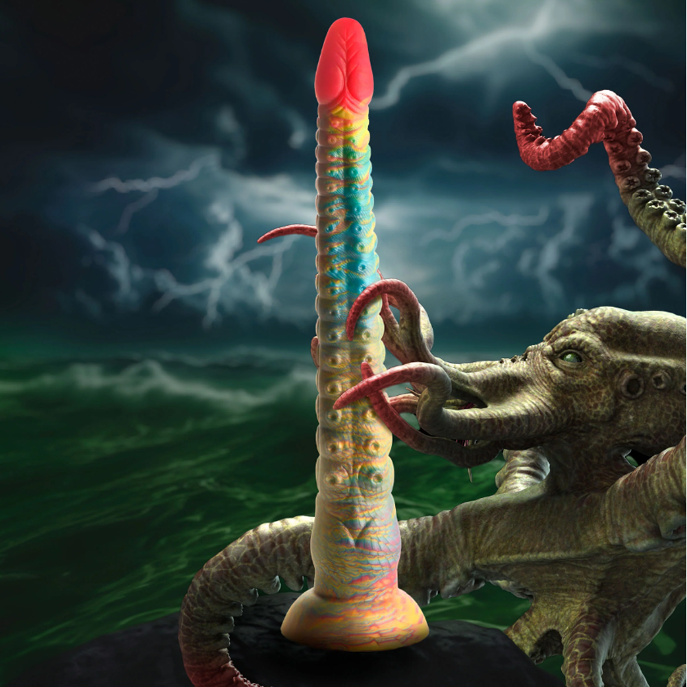 Rainbow tentacle silicone dildo with textured shaft and suction cup base.