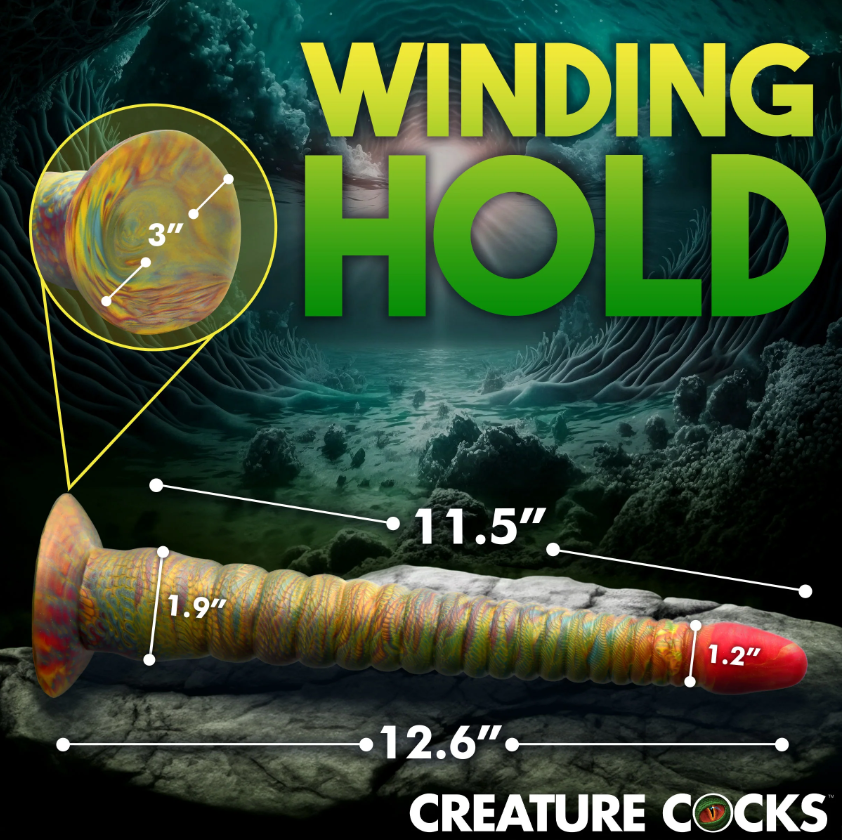A colorful, ribbed tentacle dildo with measurements indicated.
