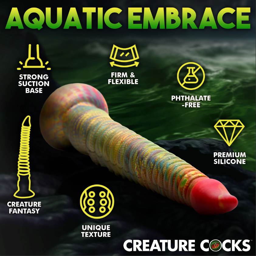 A rainbow-colored tentacle dildo with a suction cup base and textured shaft.