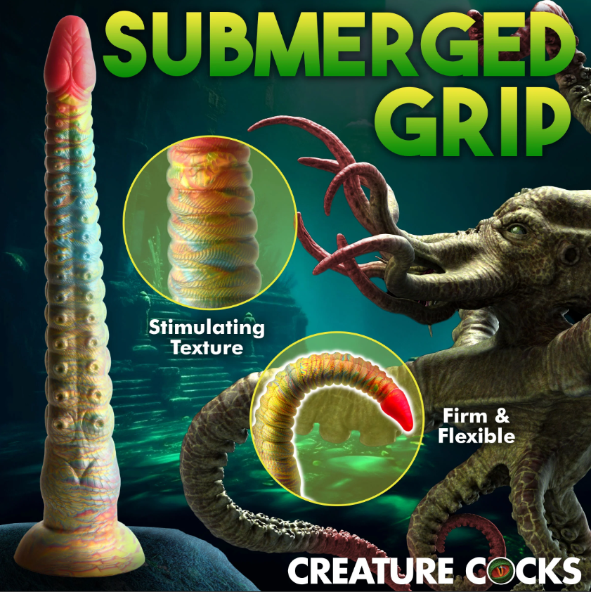 A rainbow-colored tentacle dildo with stimulating texture and a firm, flexible design.
