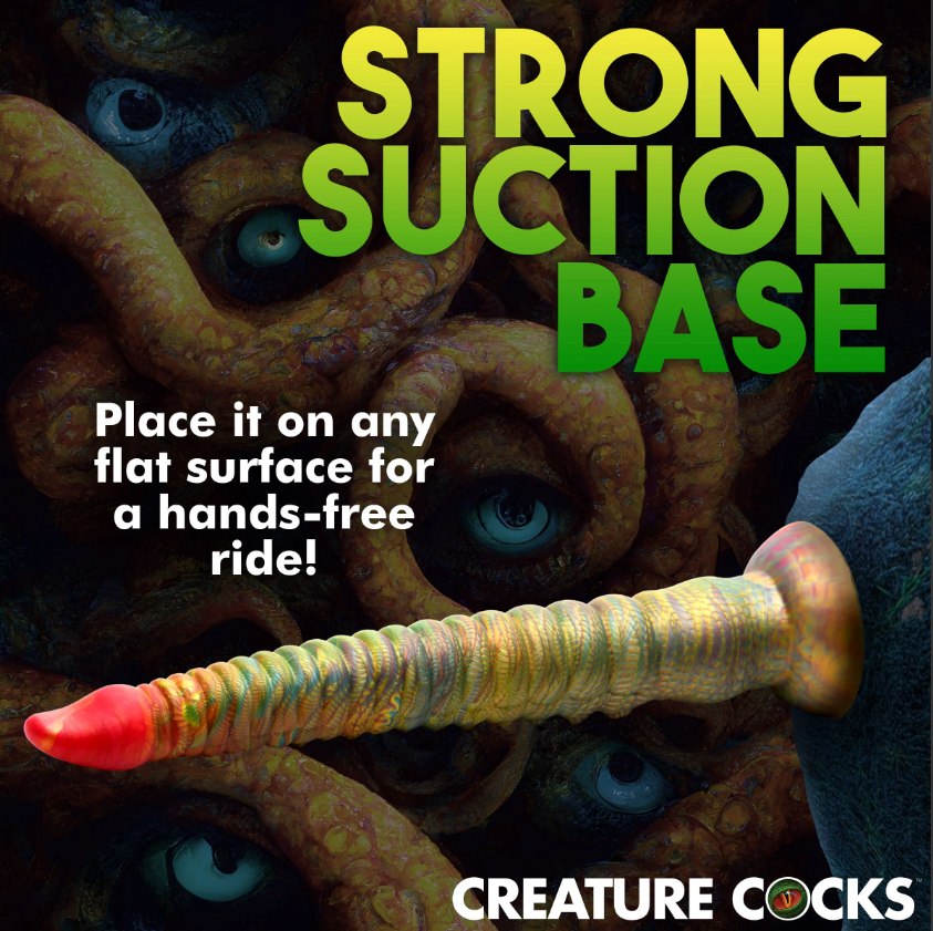 A textured, rainbow-colored tentacle dildo with a suction cup base.