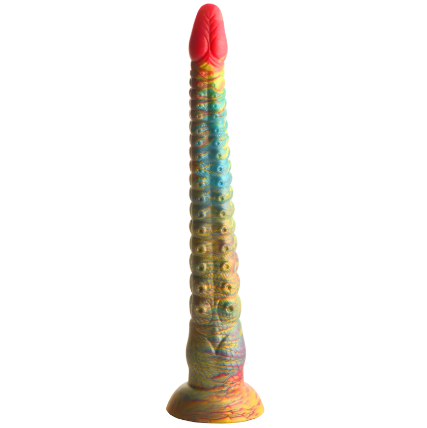 Rainbow tentacle silicone dildo with textured shaft and suction cup base.
