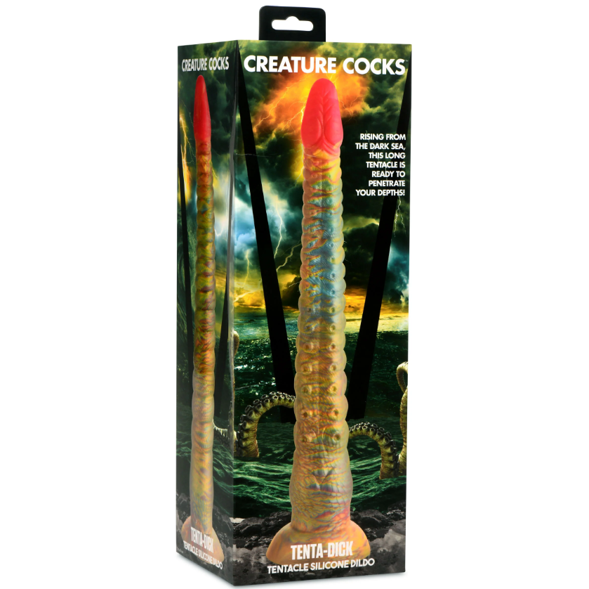 A tentacle-shaped silicone dildo with a textured shaft and red tip.