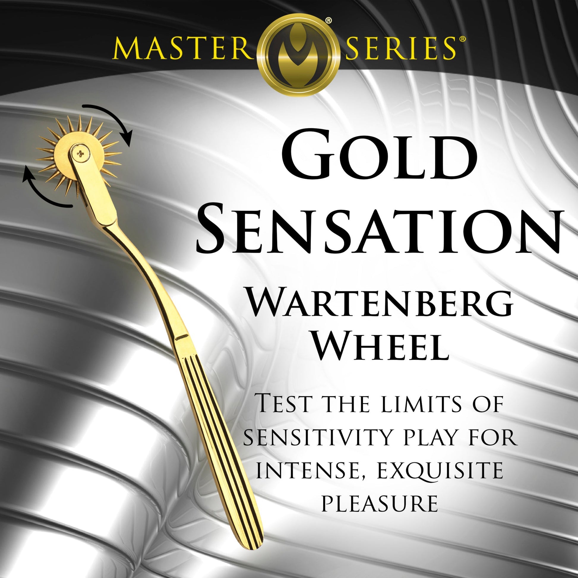 Gold stainless steel Wartenberg sensation wheel with a spiked roller.