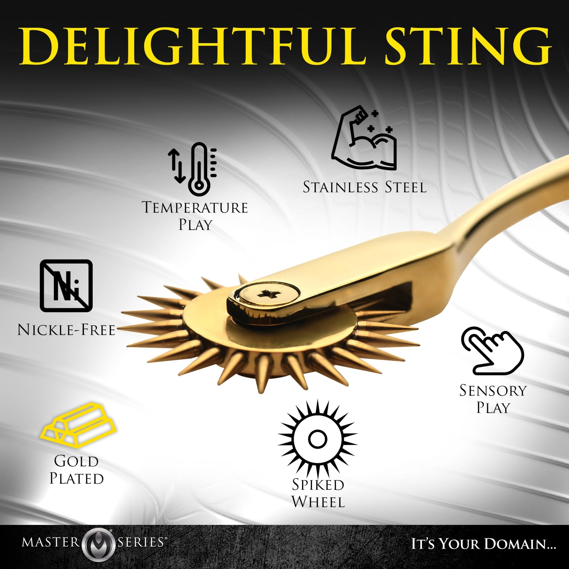 Gold stainless steel Wartenberg sensation wheel with spiked wheel.