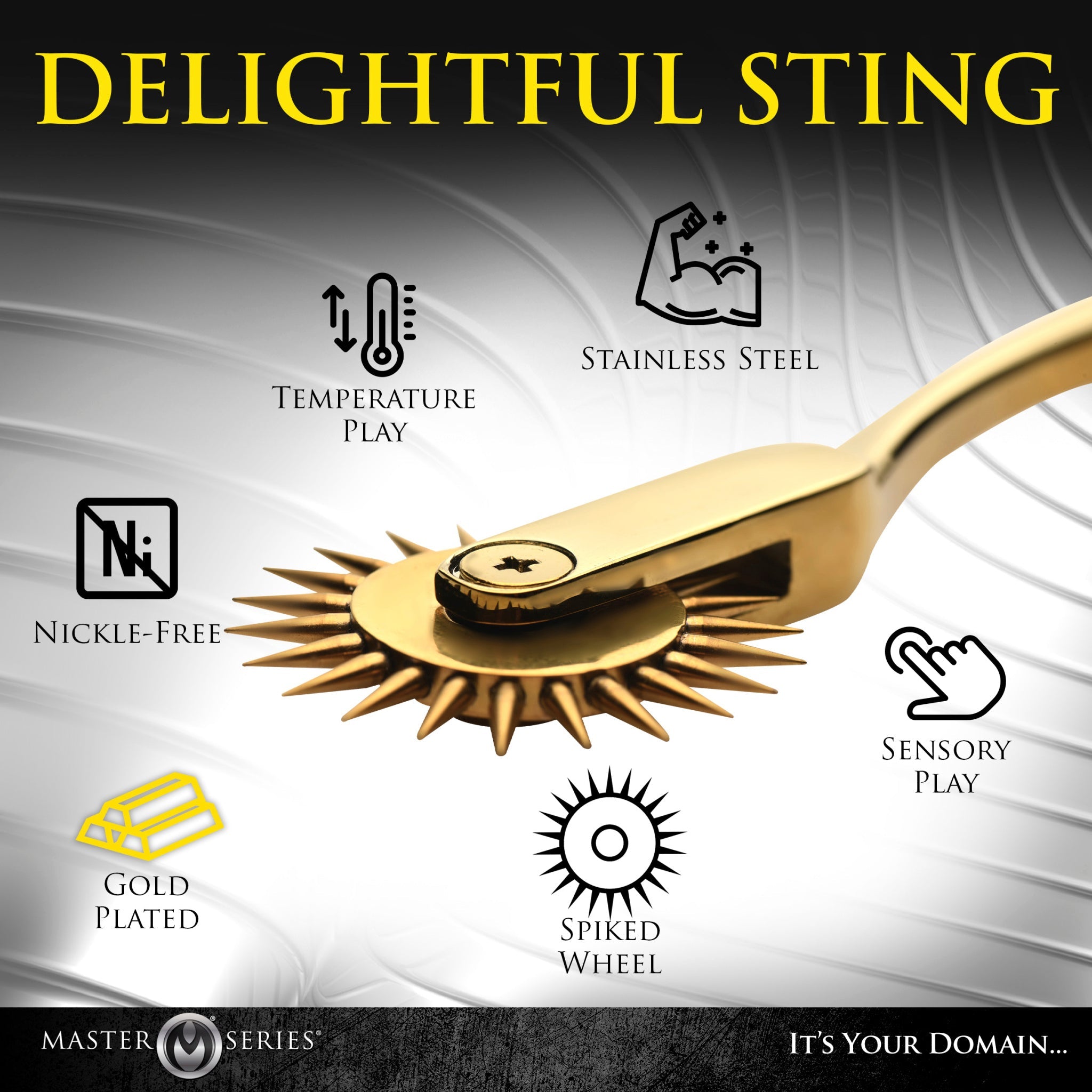 Gold stainless steel Wartenberg sensation wheel with spiked wheel.