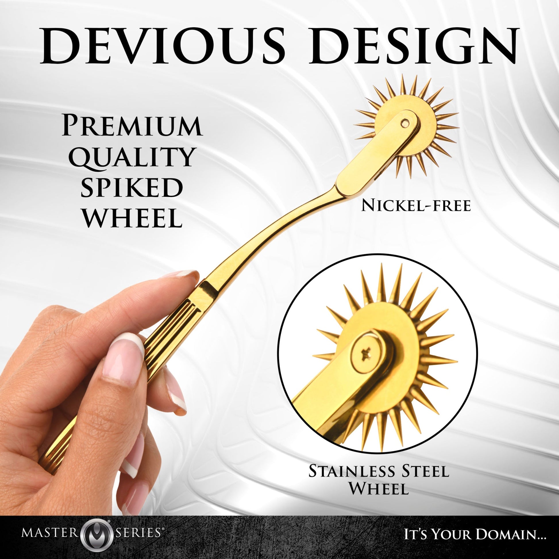 Gold stainless steel Wartenberg sensation wheel with spiked wheel.