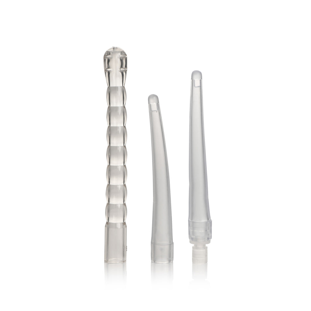 Clear silicone enema bulb kit with three different tips.