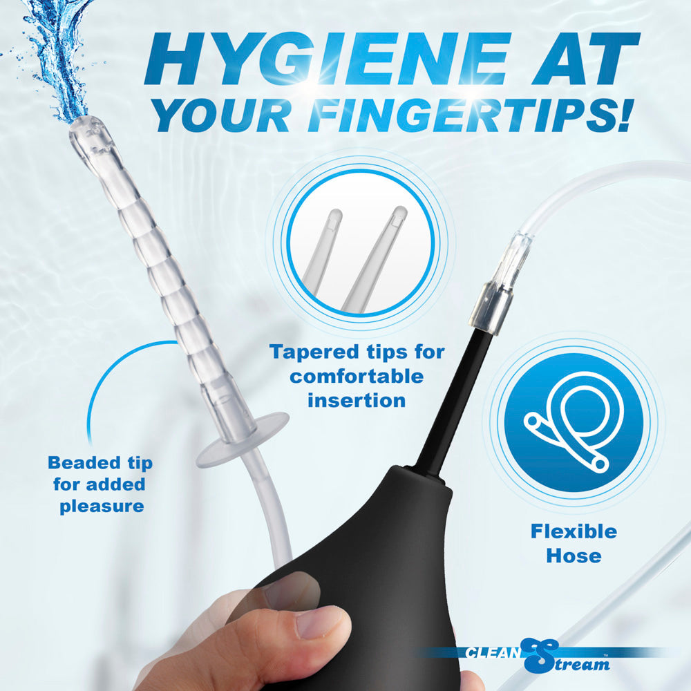 Silicone enema bulb kit with beaded and tapered tips, and flexible tubing.