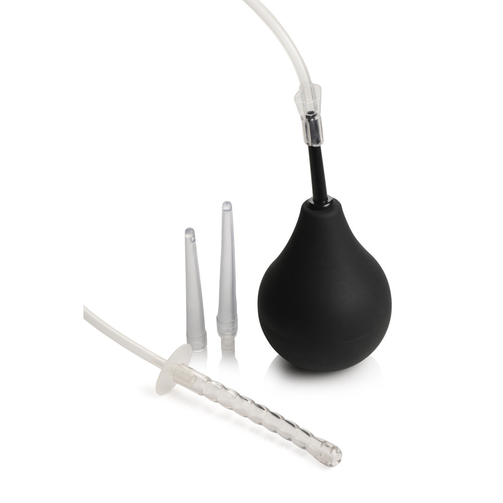 Silicone enema bulb kit with tubing and three tips.