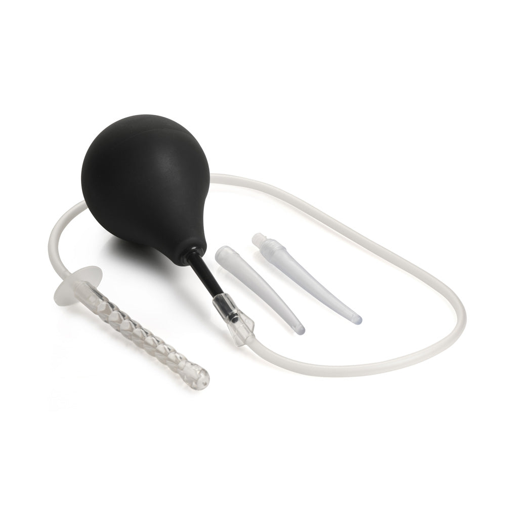 Silicone enema bulb kit with tubing and three interchangeable tips.