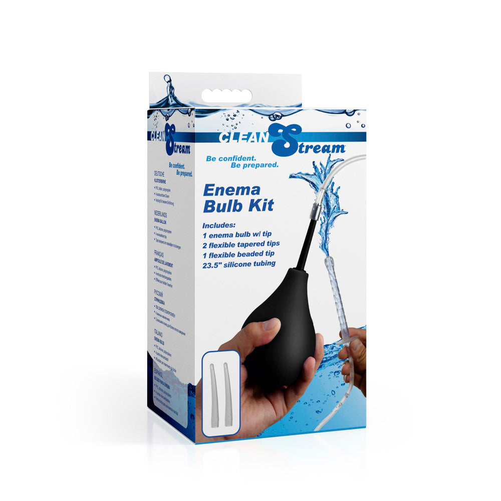 Silicone enema bulb kit with tubing and three tips.
