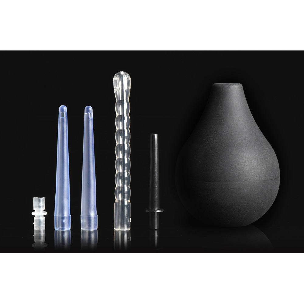 Silicone enema bulb kit with tubing and three interchangeable tips.