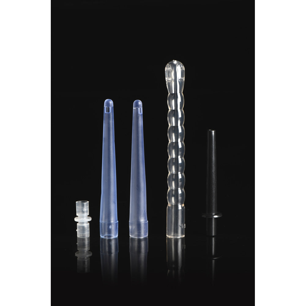 Silicone enema bulb kit with tubing and three interchangeable tips.