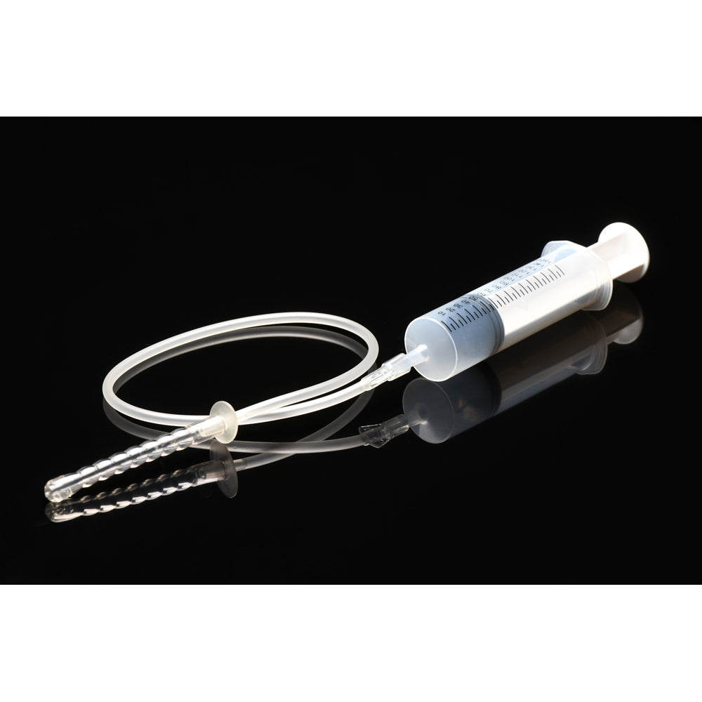 Enema syringe kit with a 150ml syringe, 23.5-inch silicone tube, and three tips.