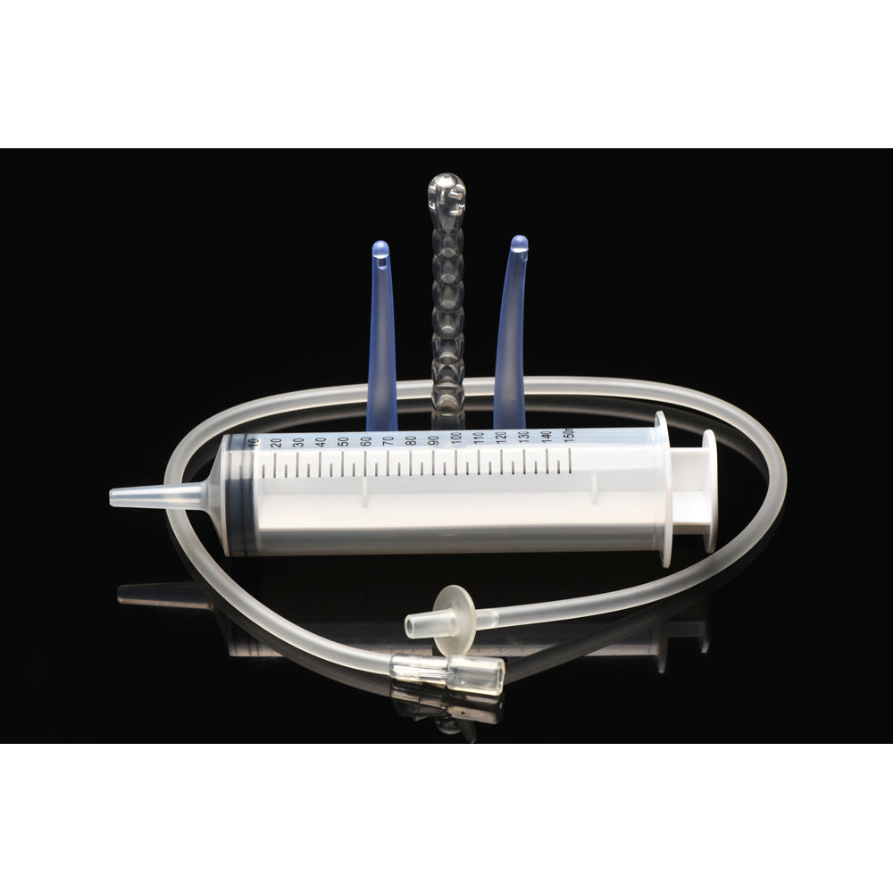 Enema syringe kit with 150ml capacity, silicone tube, and three tips.