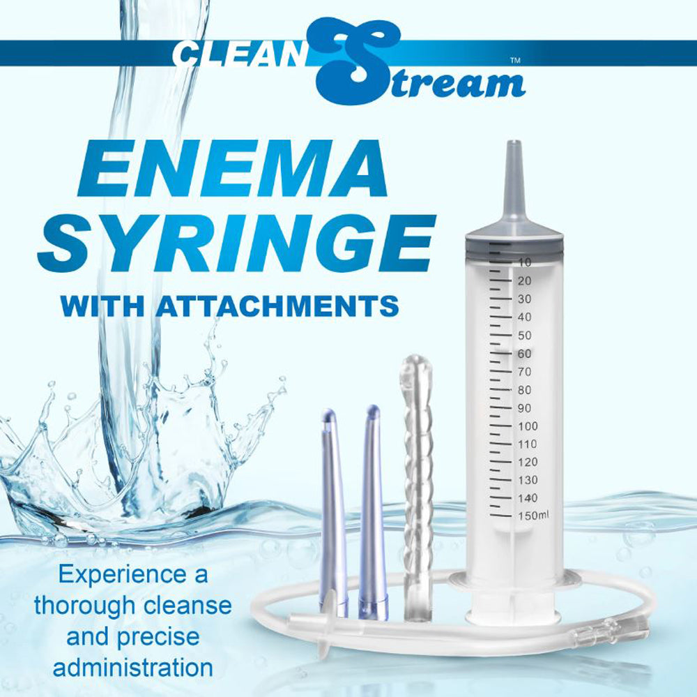 Enema syringe kit with 150ml capacity, 3 tips, and silicone tube.